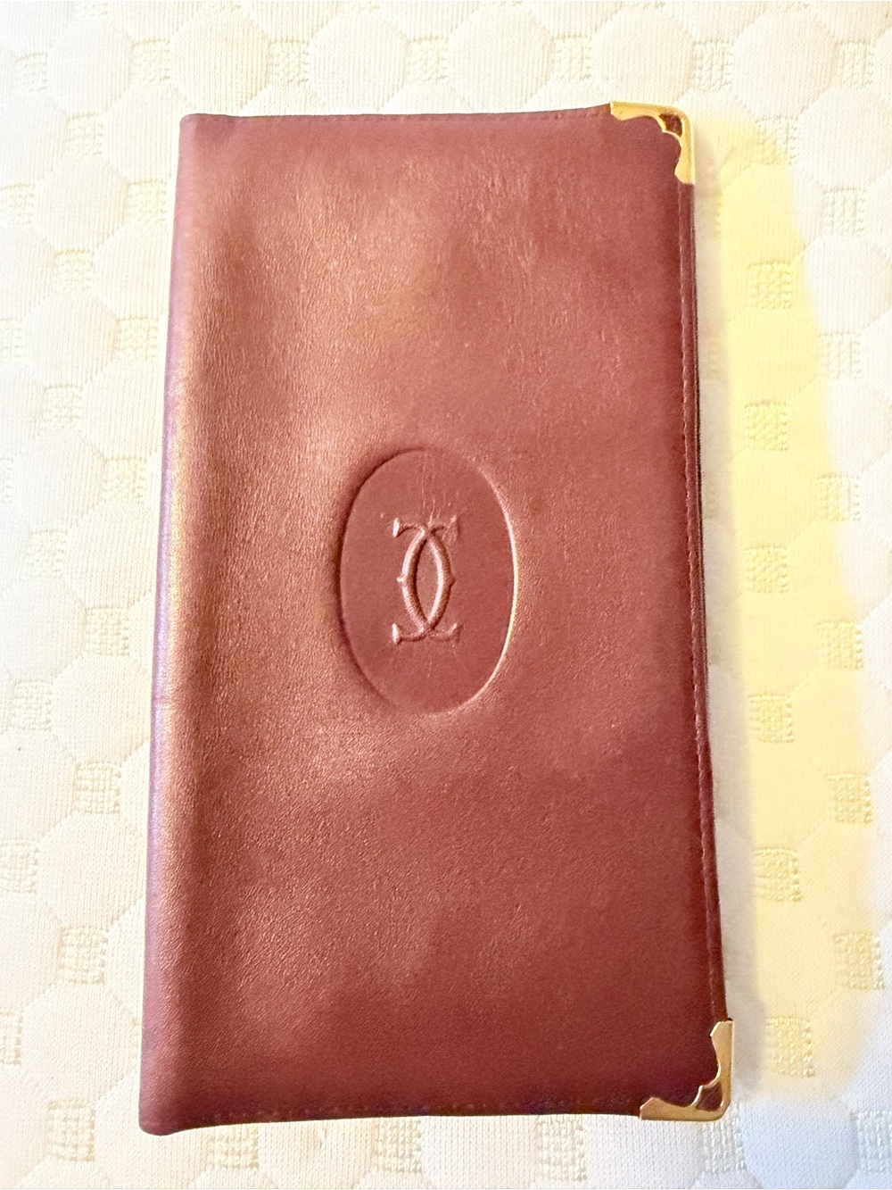 Cartier Leather Wallet with Gold Corner Accents - Burgundy